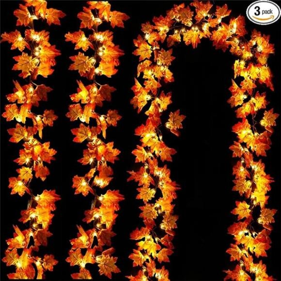 3 Pack 30ft Fall Garland with Timer, 60 LED Leaf Lights, Battery Operated - Picture 7 of 7